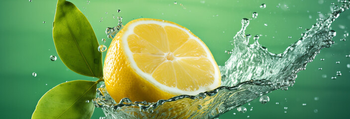 fresh lemons in water with green leaves and splashes