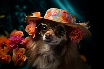 Wizerunek psa, który nosi na głowie kapelusz z kwiatami i okulary przeciwsłoneczne, symbolizujące zabawę i radość. - obrazy, fototapety, plakaty