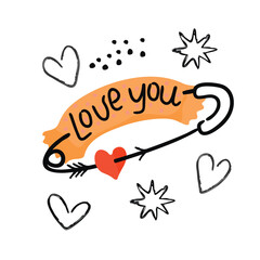 Hand written Love You,pin,hearts and stars.Romantic set with lettering and doodle elements.Vector objects with brush effect and isolated on white background.For use in card,invitation,banner template.