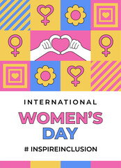 International Women's Day 2024 campaign #InspireInclusion. Geometric abstract poster in the trendy retro Neo brutalism style. IWD 8 March Women's History Month. Inspire Inclusion feminism holiday. 