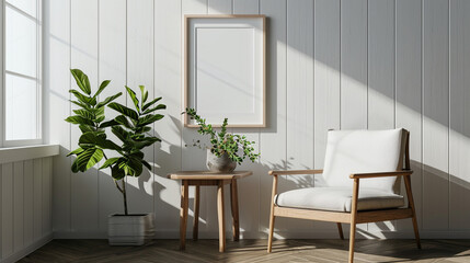 White empty frame mockup hanging on a Scandinavian-inspired wall, minimalist chair, and a simple wooden side table.