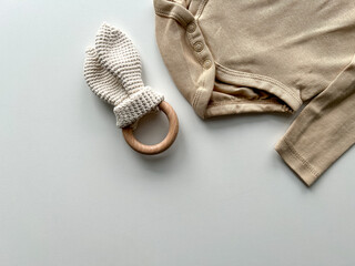 Baby clothes, teether and pacifier holder. Handmade. Clothes for baby. ECO accessories