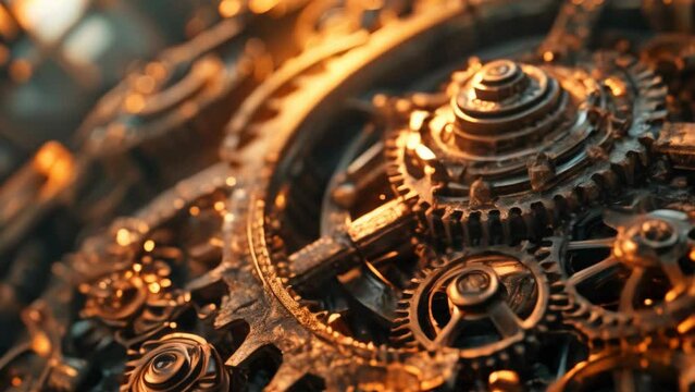 Steampunk watch clockwork machinery close-up with gears and mechanical components animation