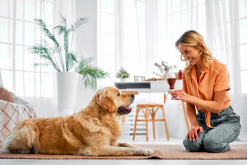 Animal companion. Caucasian woman sitting on floor next to well behaved fluffy dog and showing new toy. Affectionate female keeper giving canine friend sincere love and attention at living room. - obrazy, fototapety, plakaty