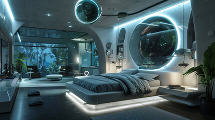 Futuristic master bedroom with holographic furniture, a virtual reality wall, and a floating orb chandelier. 