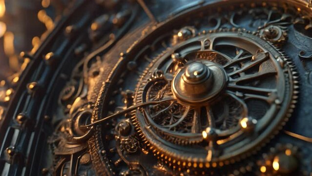 Steampunk clockwork machinery close-up with gears and mechanical components animation