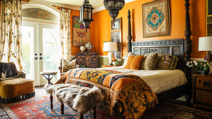 Vibrant and eclectic master bedroom with boho-chic furniture, a tapestry canopy bed, and a Moroccan lantern chandelier.  - obrazy, fototapety, plakaty