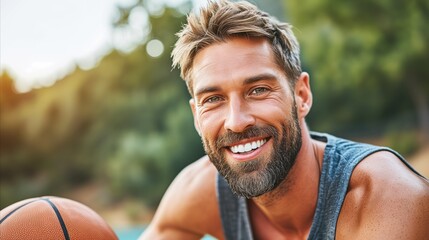 A man with a beard is smiling holding a basketball.