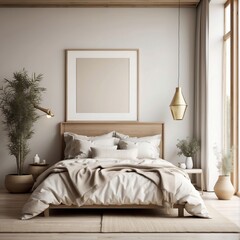 Scandinavian farmhouse bedroom interior, poster frame mockup, 3d render interior of a bedroom