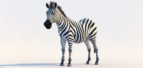 Cute, happy zebra in Disney style, 3D rendered and isolated on white background with a new pose and...