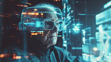 Aging and technology, stock photo, digital background, senior interacting with technology