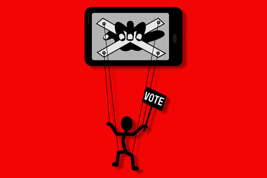 vote puppet on strings being manipulated by a hand on a smart phone, social media influence election fake news deep fake concept illustration