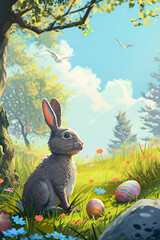 Cartoon Easter banner with a bunny and egg hunt