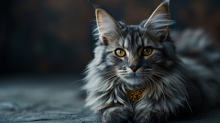 Portrait of a Maine Coon cat, poised and elegant, wearing a brooch - obrazy, fototapety, plakaty