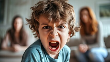 A child screaming out loud in the middle of the living room. - obrazy, fototapety, plakaty