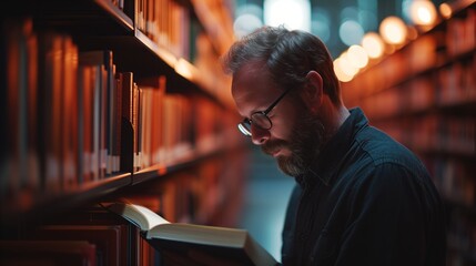 Man with a beard in the library reading a book.