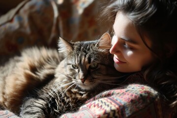 Young woman caressing adorable cat on sofa at home
