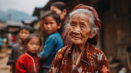 Old woman standing among group of children in a village.