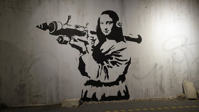 Stockholm, Sweden, December 29 2023. Art exhibition. The mystery of Banksy A genius mind. Mona Lisa.
