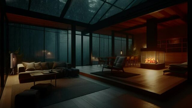 Rainy night and cozy fireplace environment, heavy rain in chalet in forest, looping video.  You can use the video as a looping by adding it one after the other. It is in the form of an endless looping