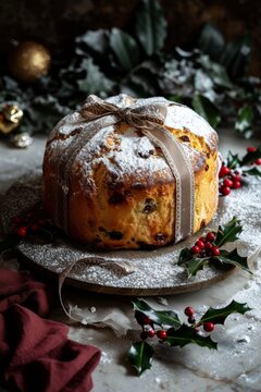 A traditional panettone dusted with icing sugar, adorned with a decorative ribbon