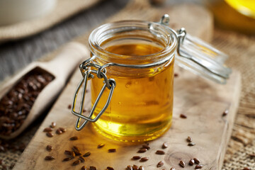 Flax seed oil in a glass jar
