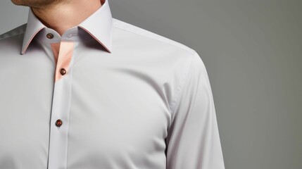 Minimalistic view of a modern mens business shirt in a light grey hue, finished with a stylish Peach Fuzz contrast trim along the collar and on placket.