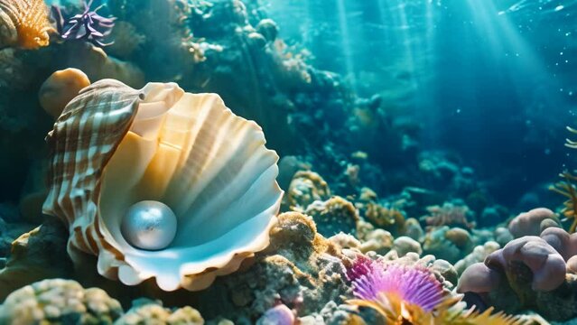 Sea shell with a pearl close-up in a coral reef with light underwater animation
