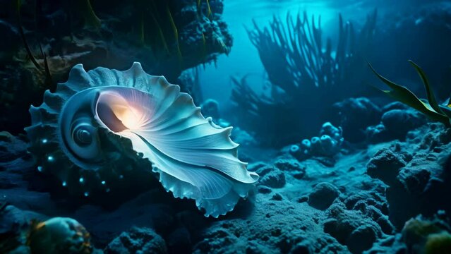 Sea shell with a pearl in a coral reef with light underwater animation