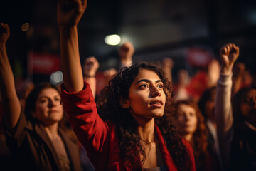 Close-up photo of feminist women raise her hands, women's struggle for equality - obrazy, fototapety, plakaty