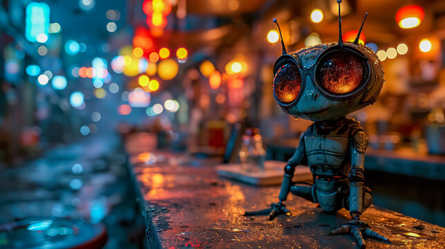 Fantasy alien planet. Fantasy world. 3D illustration. Selective focus. A toy robot stands on the street at night.