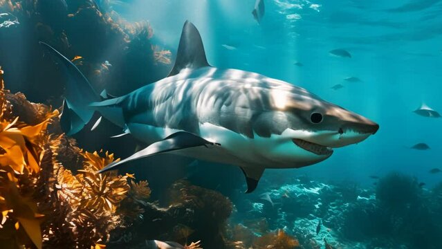 Great white shark swimming in a coral reef slow motion rotating animation with water waves and light rays