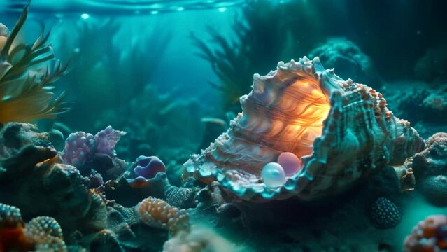 Sea shell with a pearl in a coral reef with light underwater animation