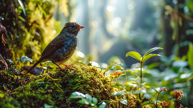 Bird in the forest. A little sparrow is watching nature on green plants at the foot of a tree. A photorealistic image with depth of field and blurred background.
