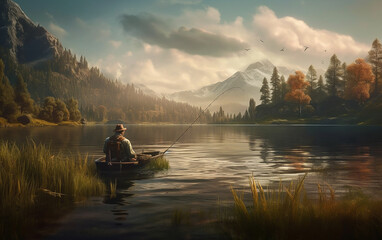 Fisherman fishing in lake - obrazy, fototapety, plakaty