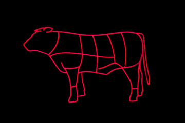 Red neon cow on black background butcher's sign marking sections of cow