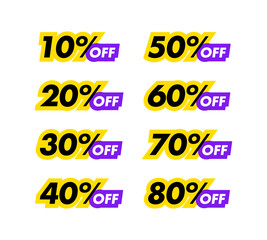 Set of sale tags with different percent off discount. Super sale tags from 10 to 80 percent off. Special offer, big sale, price drop. Vector illustration