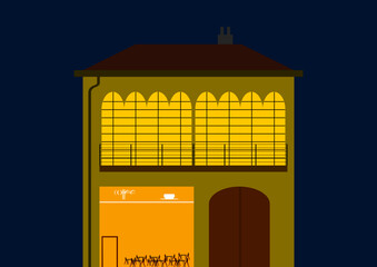 House with parisian windows, cafe and big gate at night