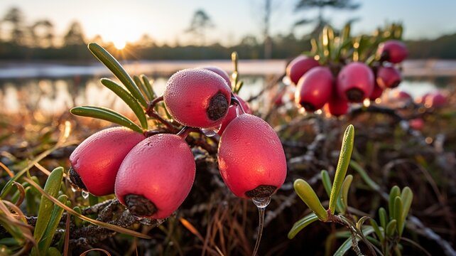 A close-up of cranberries on a bed of frost, highlighting the beauty of winter in the bog -Generative Ai