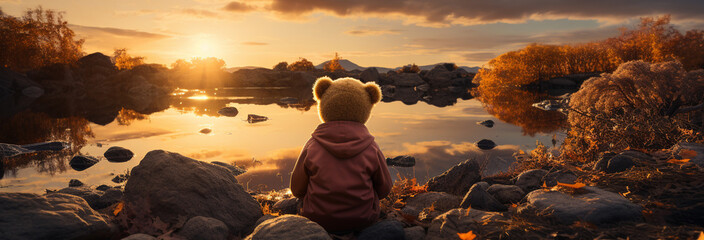 A toy bear sits on the shore of a lake at sunset