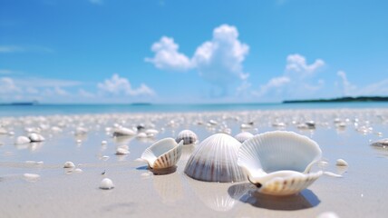 Fototapeta na wymiar A close-up of seashells scattered on Hokkaido's beach, each one a tiny masterpiece of natural design -Generative Ai