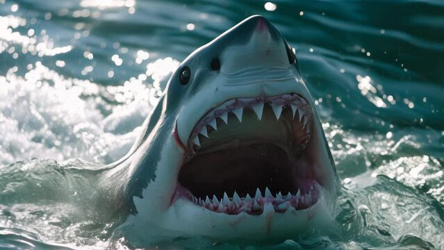 Huge Great White shark attacks and coming out from the waters close-up animation
