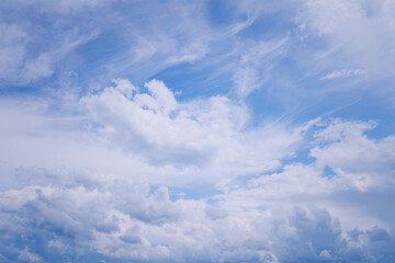 Summer evening sky in the picturesque clouds, lit by the rays of the setting sun.