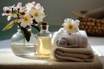 Fototapeta na wymiar Body care. Spa treatments. Towel, oil, flowers. AI generated. 