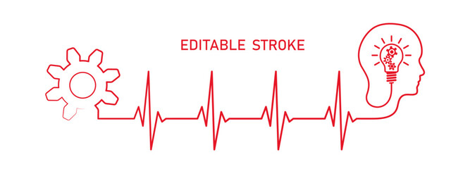 Editable lines heart rhythm illustration with lightbulb, head, gear, heartbeat line vector to use in healthcare, business idea, healthy lifestyle, medicine and ekg concept illustration projects. 