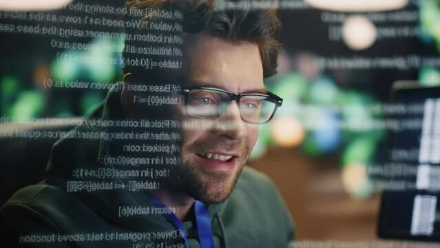 IT developer coding computer data hologram closeup. Programer hands working