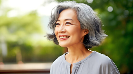 Portrait of a mature smiling Japanese woman - obrazy, fototapety, plakaty