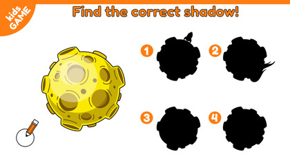Find the correct shadow. Space educational kids game with cartoon planetary Moon. Puzzle for preschool and school education. Page of the activity book for children. Baby vector illustration.