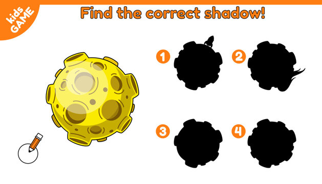 Find the correct shadow. Space educational kids game with cartoon planetary Moon. Puzzle for preschool and school education. Page of the activity book for children. Baby vector illustration.