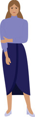 A woman in a blue outfit. Housewife or business lady. A full-length woman is drawn, wearing high-heeled shoes. Shyness and insecurity.
